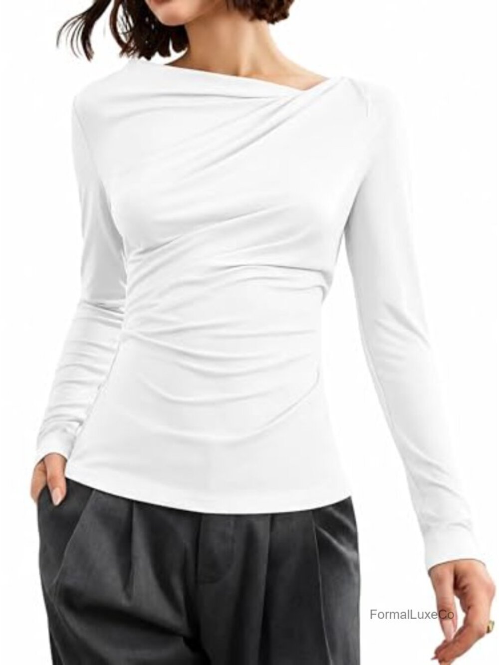 Women's Asymmetrical Neck Ruched Top Fitted Long Sleeve Tee